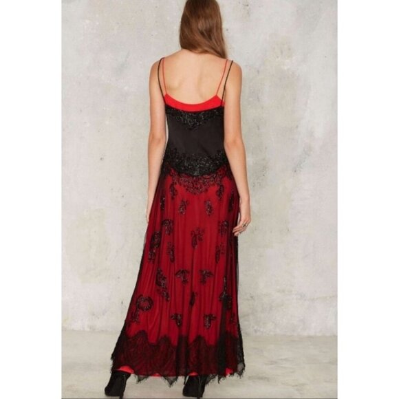Nasty Gal ✦ Gothic Maxi Dress ✦ Red/Black Lace w/ Sheer Overlay & Beading XS NWT - Picture 4 of 11
